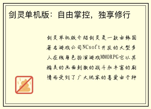 剑灵单机版：自由掌控，独享修行